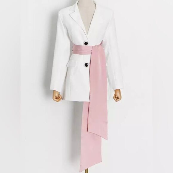 I am the Present Blazer Dress by Yaylee Large Back Pink Bow White Mini Dress SzS - Picture 1 of 16